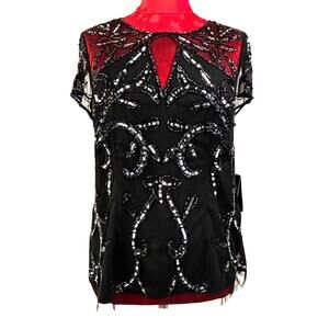 Adrianna Papell NWT black beaded illusion top cap sleeve blouse sequins Size 8
